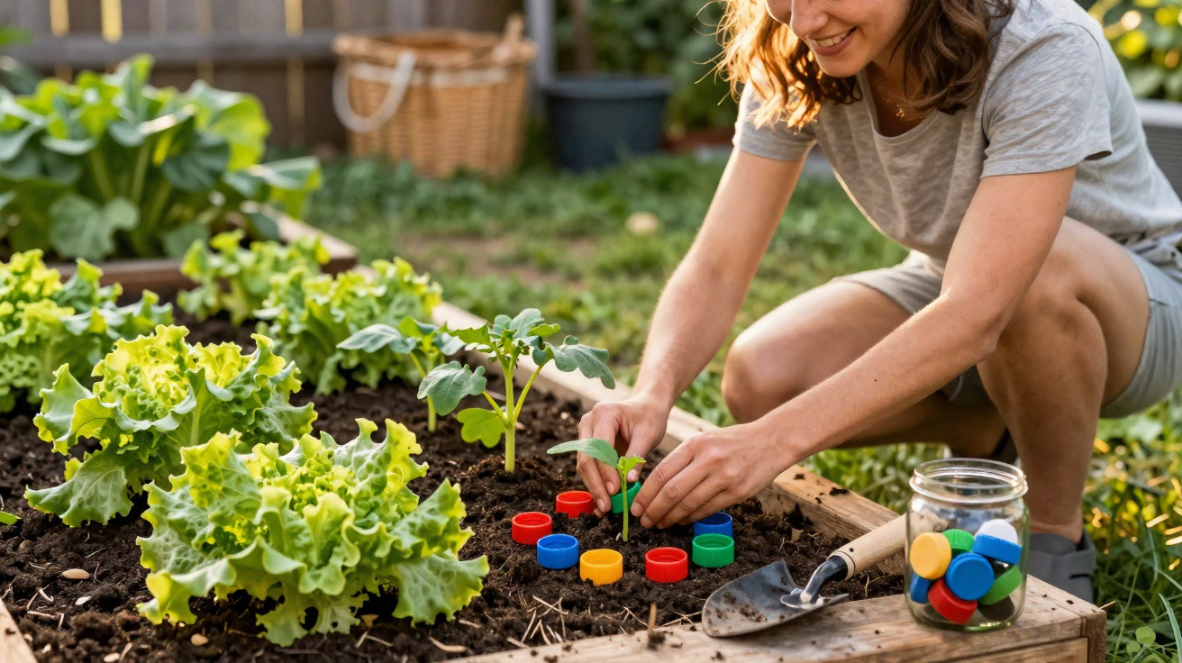 Mulher a cuidar de muda numa horta com alfaces e tampas coloridas de plástico à volta da planta.