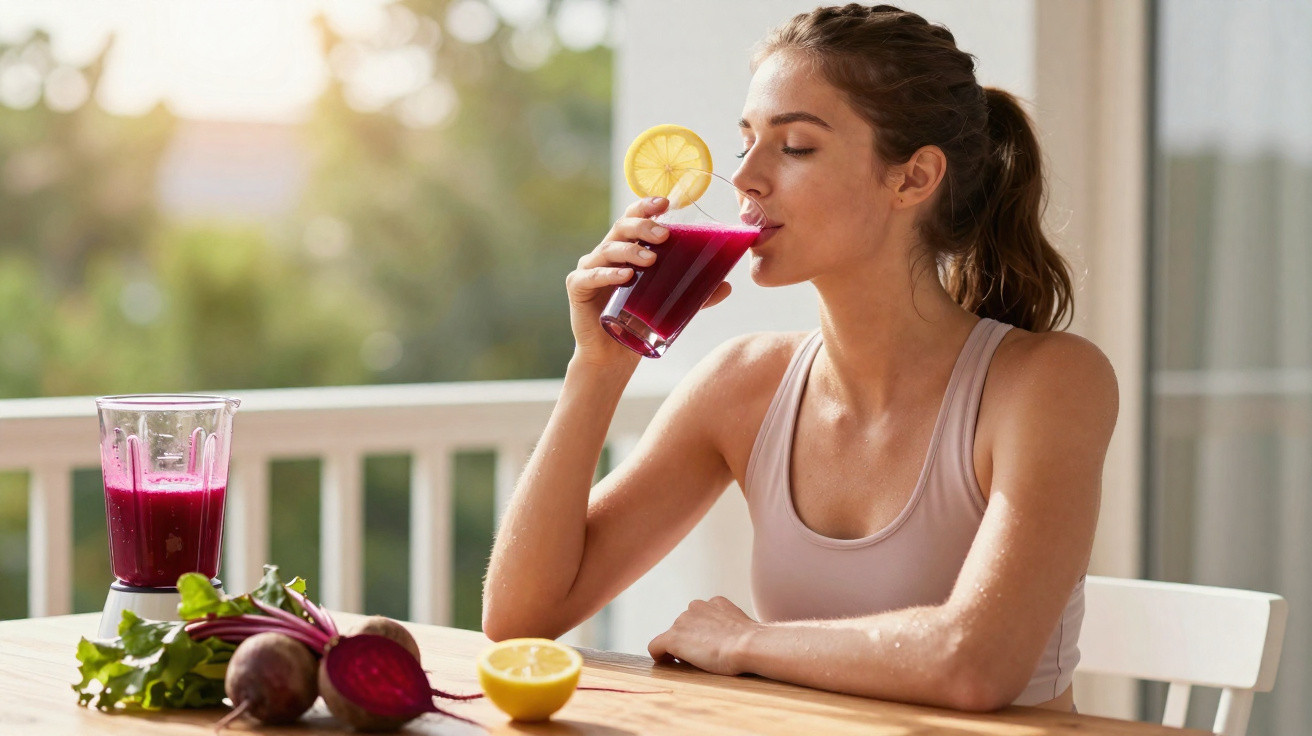 Mulher a beber sumo de beterraba com limão, sentada à mesa com frutas e liquidificador ao lado.