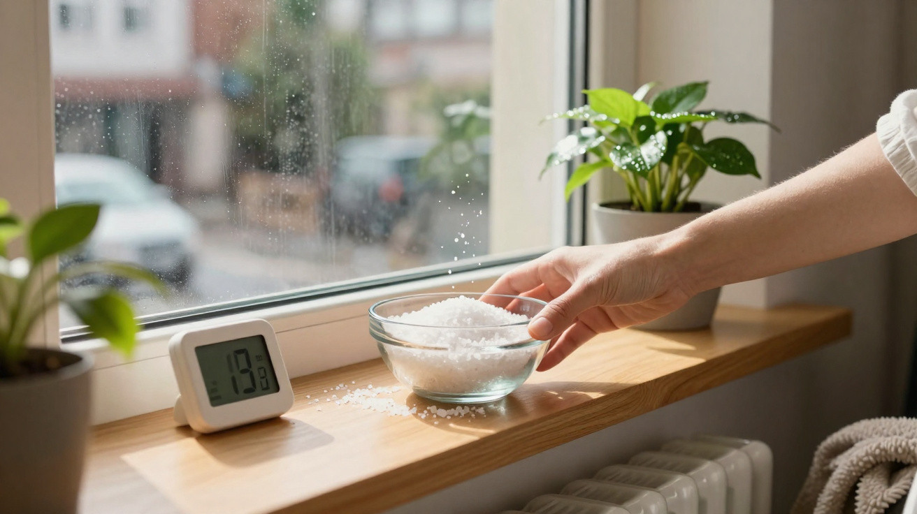Mão a colocar cristais num recipiente junto a janela com termómetro e plantas num peitoril interior.