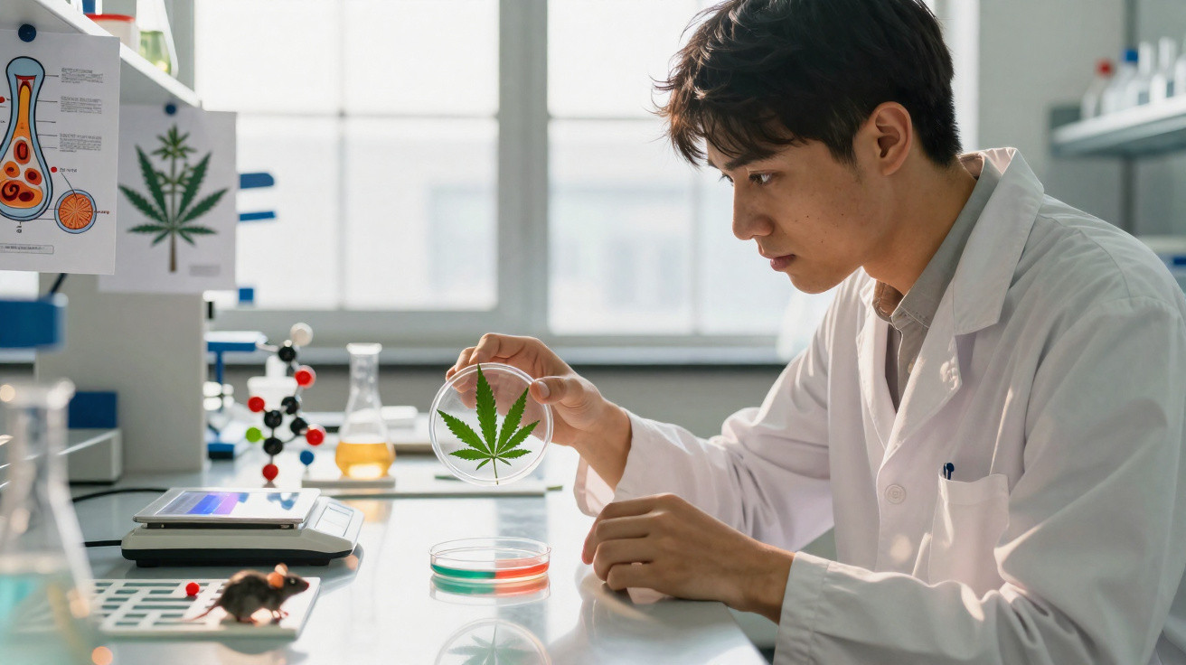 Cientista em laboratório examina placa de petri com folha de cannabis e culturas bacterianas coloridas.