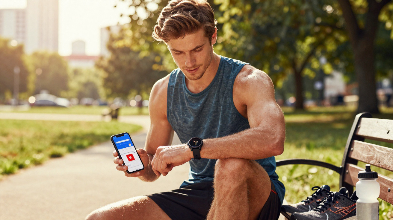 Homem sentado num banco de parque a verificar o relógio e smartphone após exercício físico.