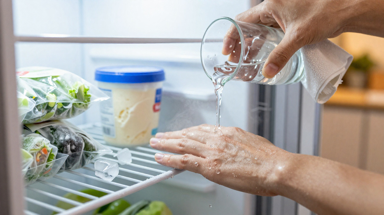 Pessoa a despejar água fria na mão dentro de um frigorífico aberto com alimentos visíveis.