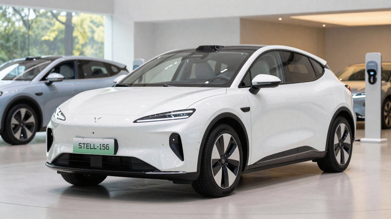 Carro elétrico branco moderno estacionado dentro de uma sala de mostra com outro veículo ao fundo.