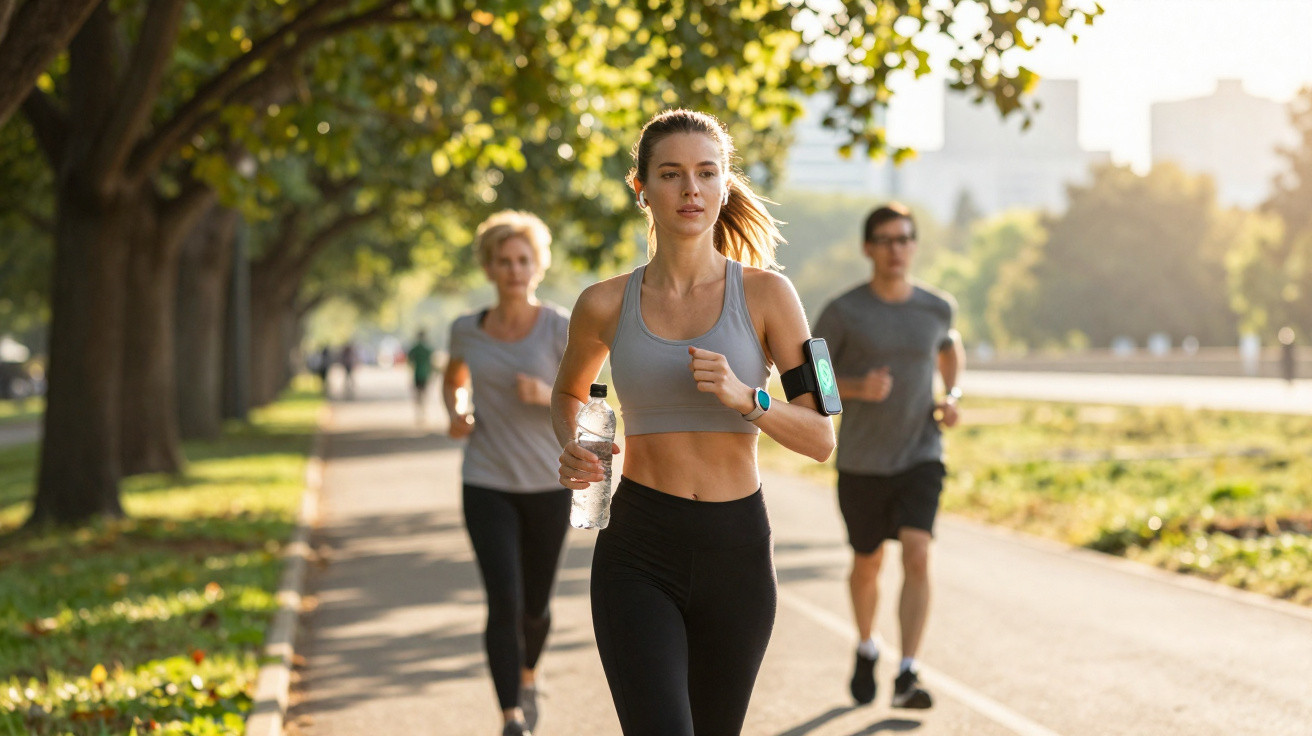 Mulher a correr com garrafa de água e dois adultos a correrem atrás num parque ensolarado.