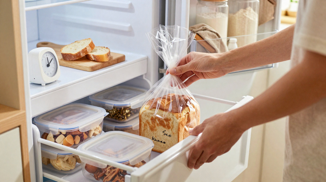 Pessoa a guardar pão embalado em plástico dentro de frigorífico com recipientes de alimentos e relógio.