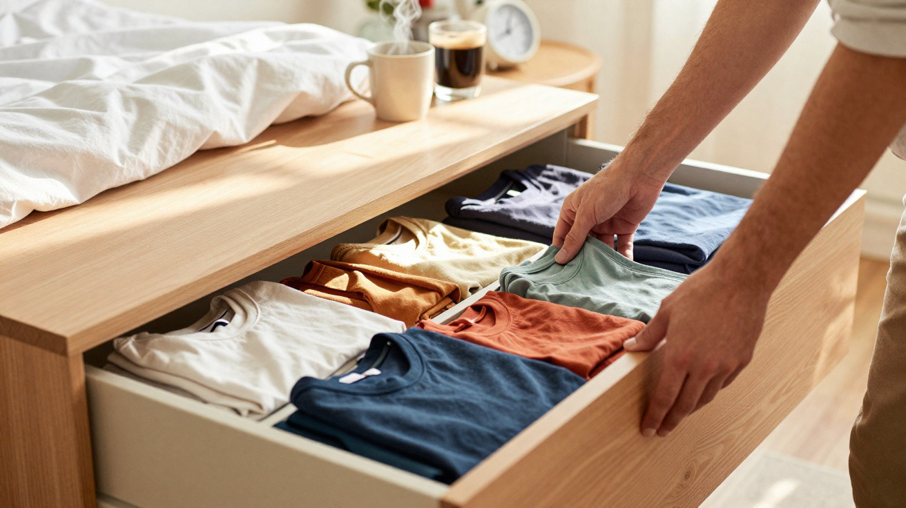 Gaveta de roupa organizada com t-shirts dobradas e mãos a arrumar uma peça num quarto iluminado.