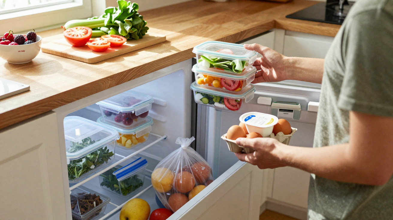 Pessoa a organizar alimentos frescos e legumes em recipientes dentro de um frigorífico numa cozinha moderna.