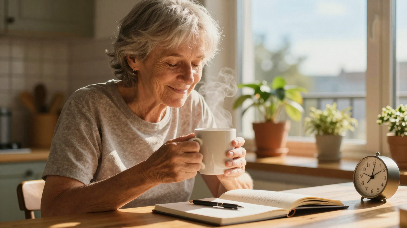 Mulher idosa sentada à mesa com chá quente, livro aberto e relógio perto da janela iluminada.