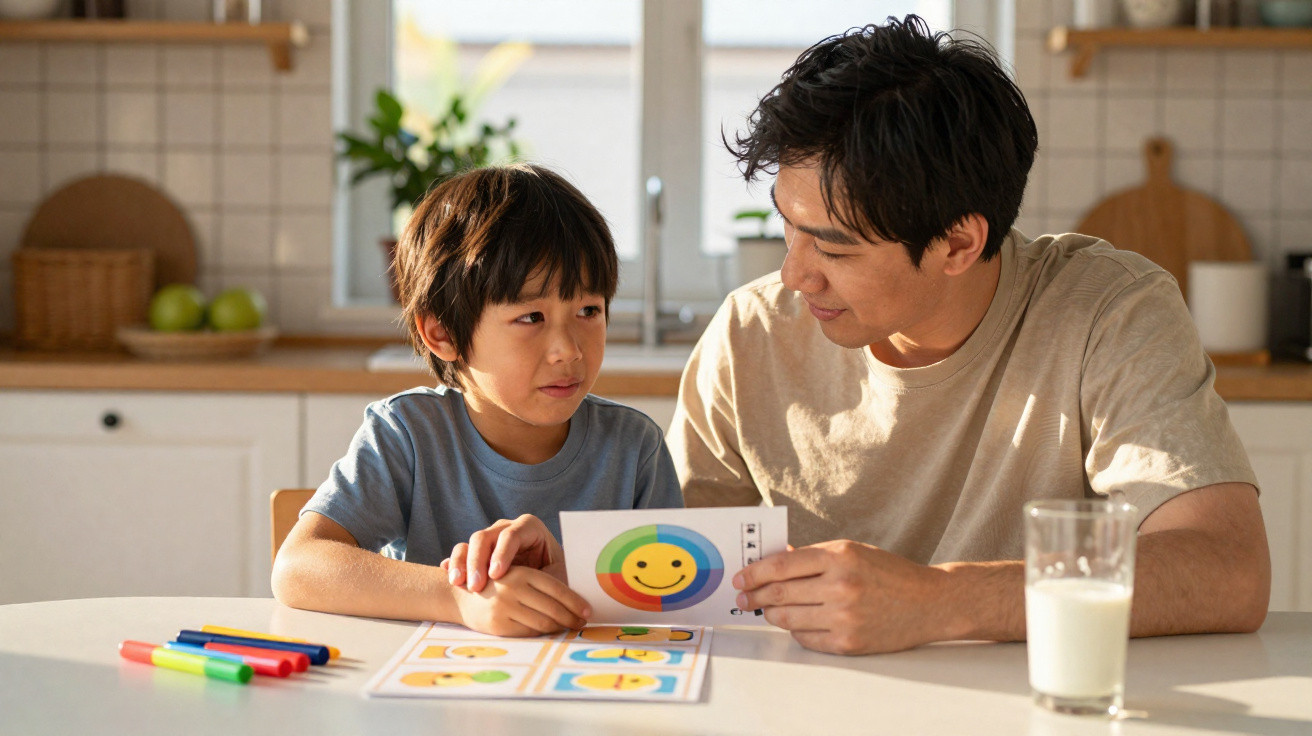 Pai e filho asiáticos a aprender sobre emoções com cartas coloridas numa mesa de cozinha iluminada.