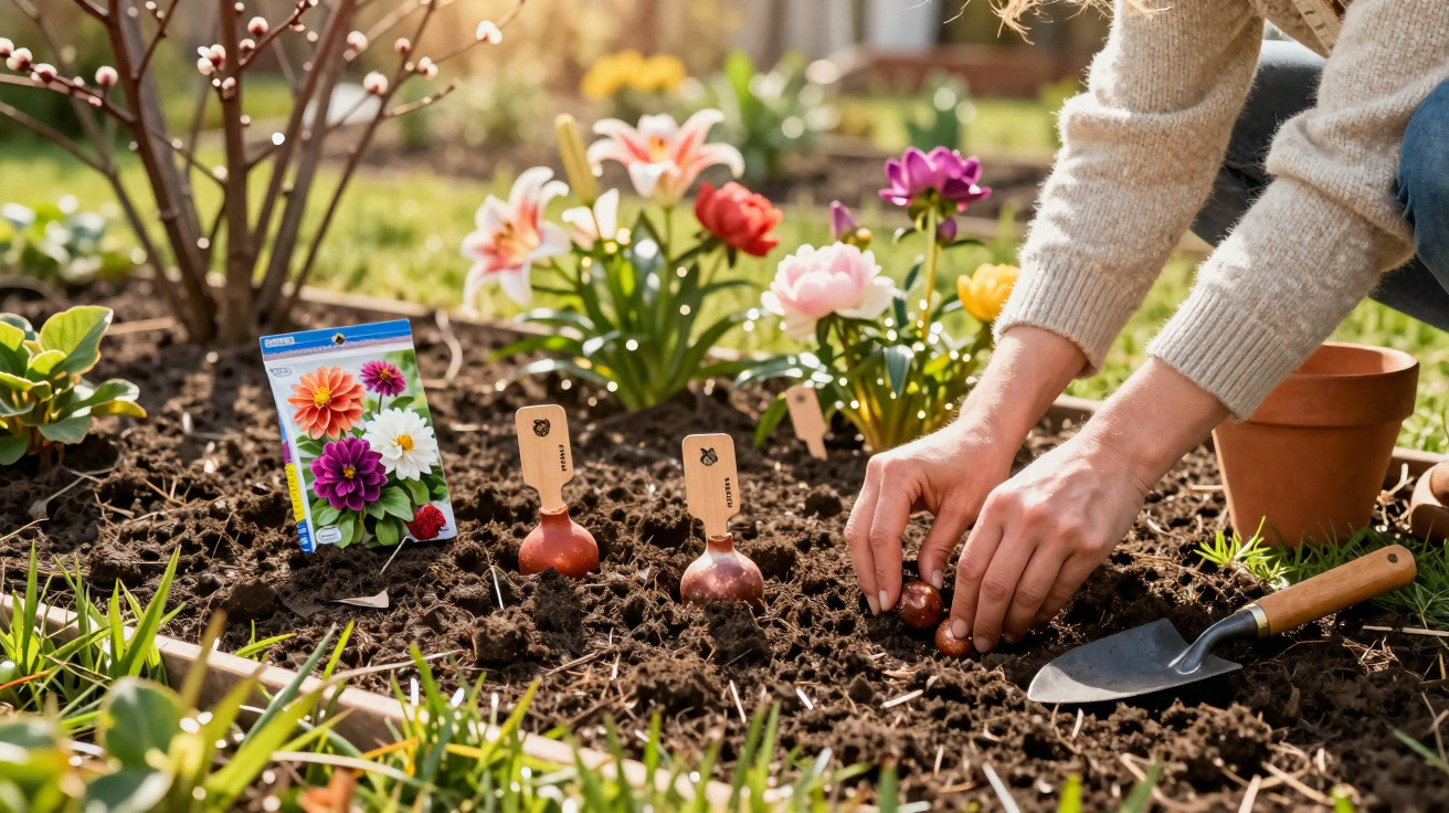 Mãos de pessoa a plantar bolbos de flores num canteiro com terra fresca e flores coloridas ao fundo.