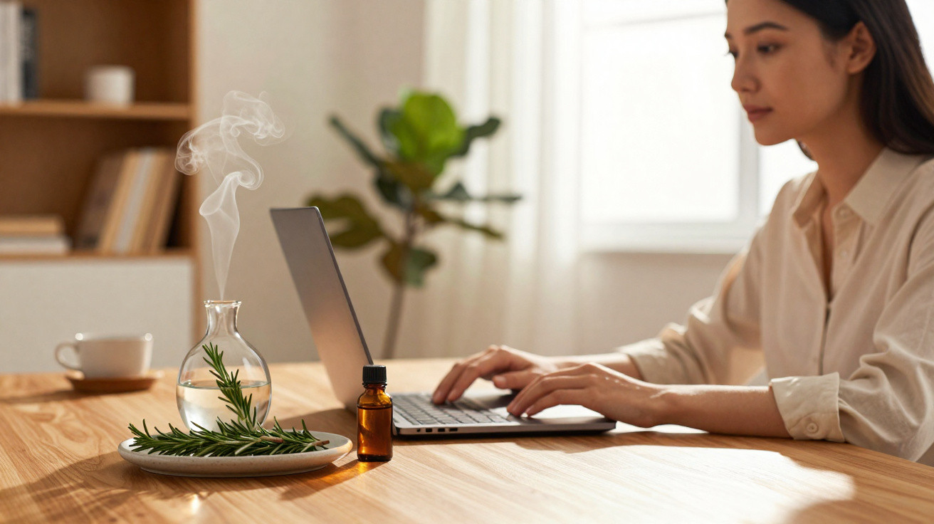Mulher a trabalhar num computador portátil, com difusor de aroma e óleo essencial numa mesa em madeira.