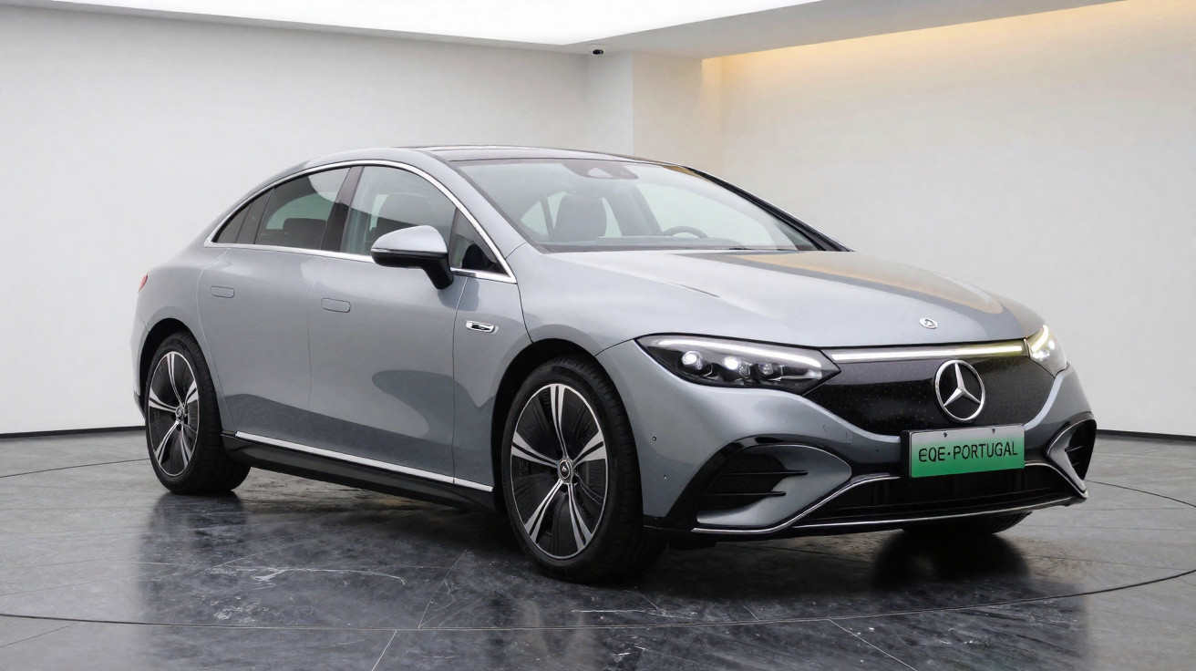 Mercedes-Benz elétrico cinza estacionado em estúdio, visto de três quartos frente direita.