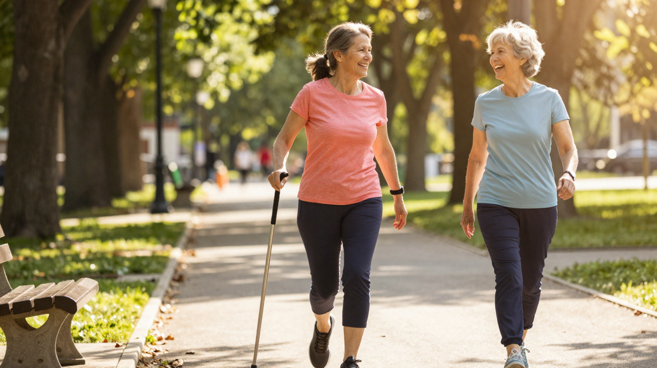 Duas mulheres idosas a caminhar e sorrir num parque soalheiro com árvores e bancos ao lado.