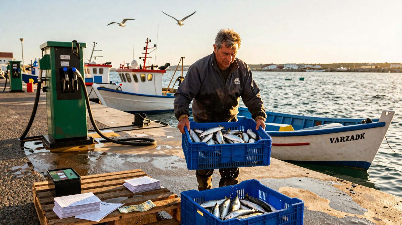 Pescador a transportar caixas com peixe fresco no cais junto a um barco em ambiente costeiro.
