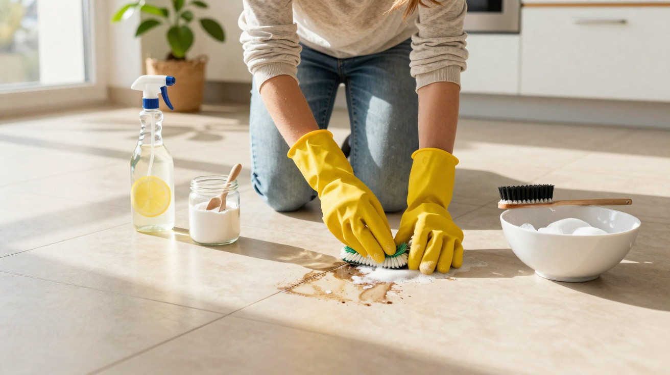 Pessoa de luvas amarelas a limpar manchas no chão da cozinha com escova e produtos naturais.