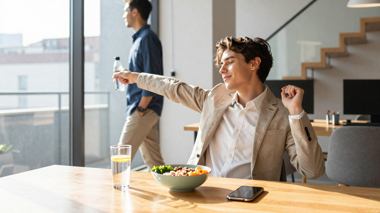 Jovem espreguiçando-se à mesa com prato de comida, copo de água com limão e telemóvel, ambiente de escritório.