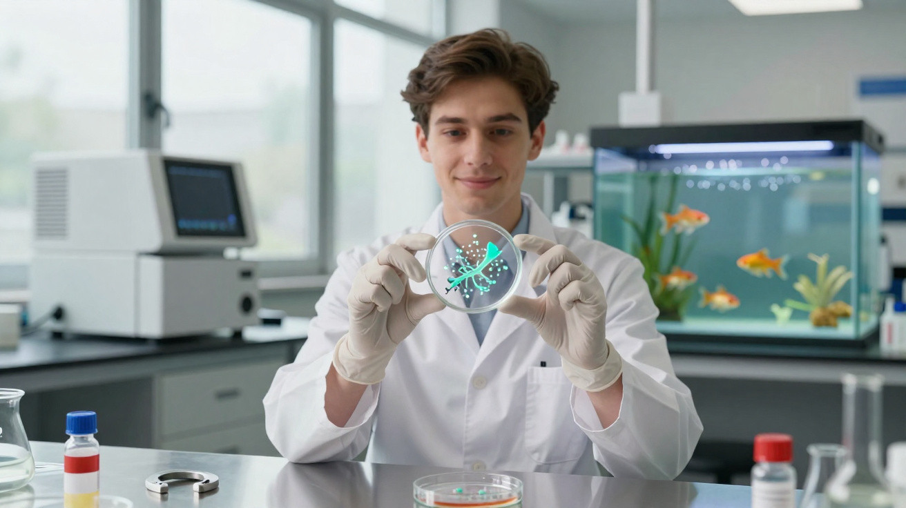Cientista em laboratório a analisar bactéria numa placa de Petri com aquário ao fundo.