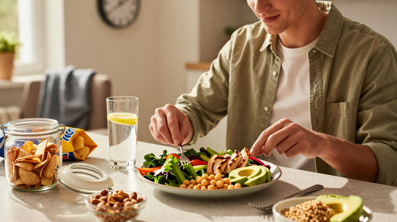 Homem a comer salada saudável com grão, abacate e legumes num ambiente luminoso em casa.