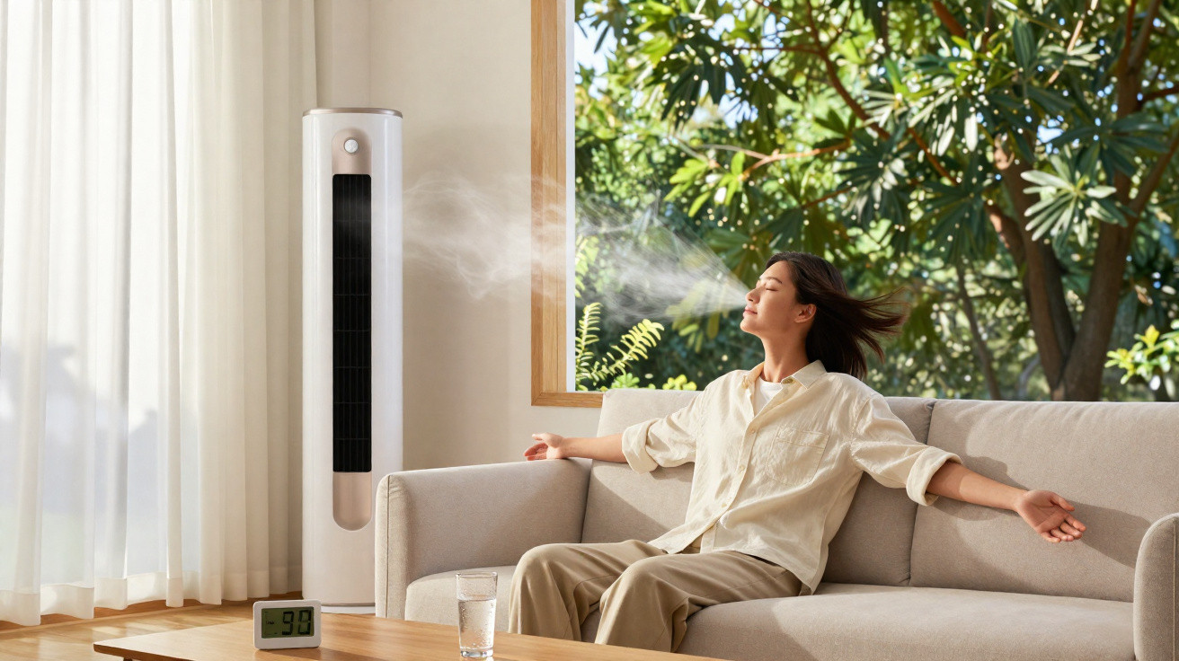 Mulher relaxa num sofá branco, sentindo ar fresco de um ventilador alto numa sala iluminada e verde.