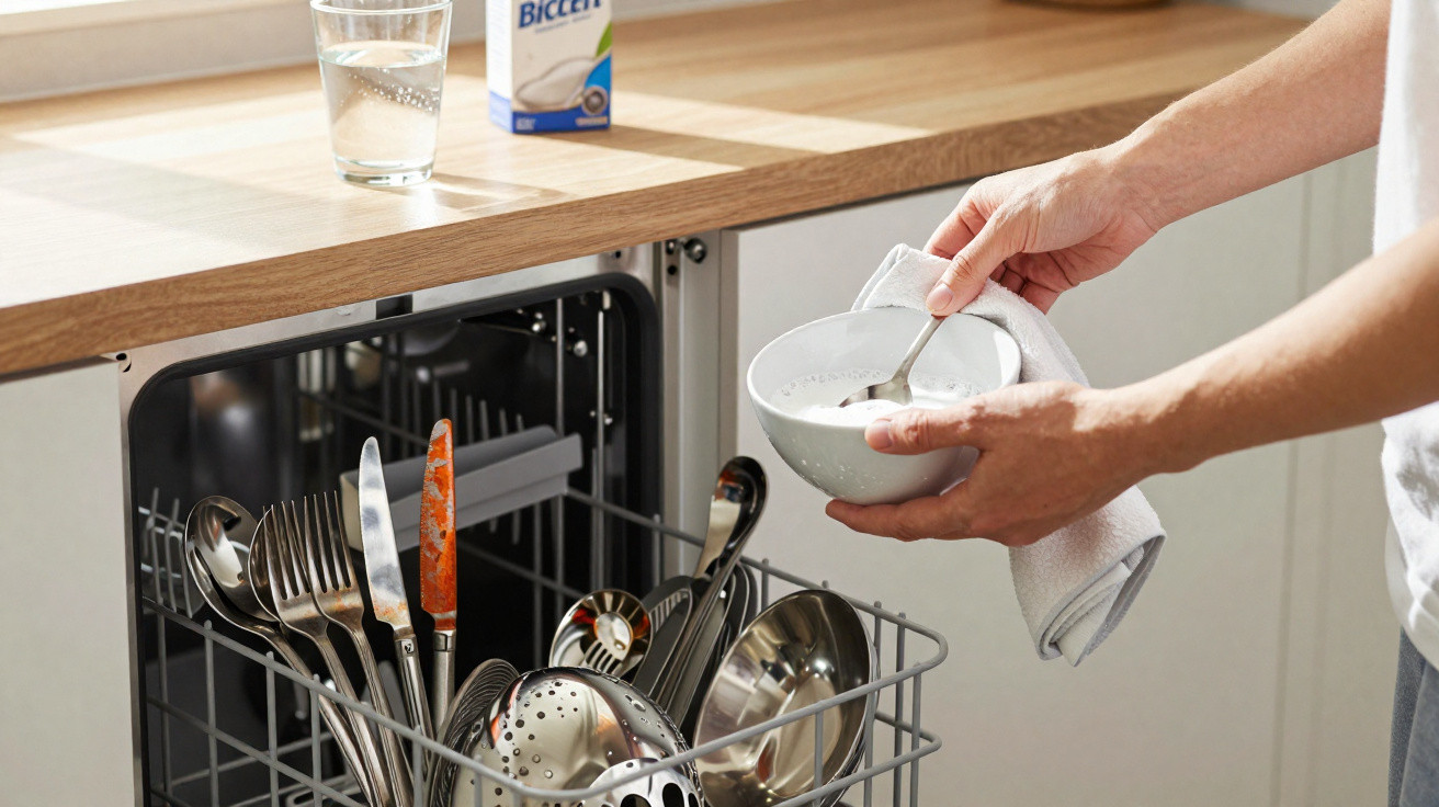 Pessoa a colocar um prato sujo numa máquina de lavar loiça com talheres num cesto aberto numa cozinha.
