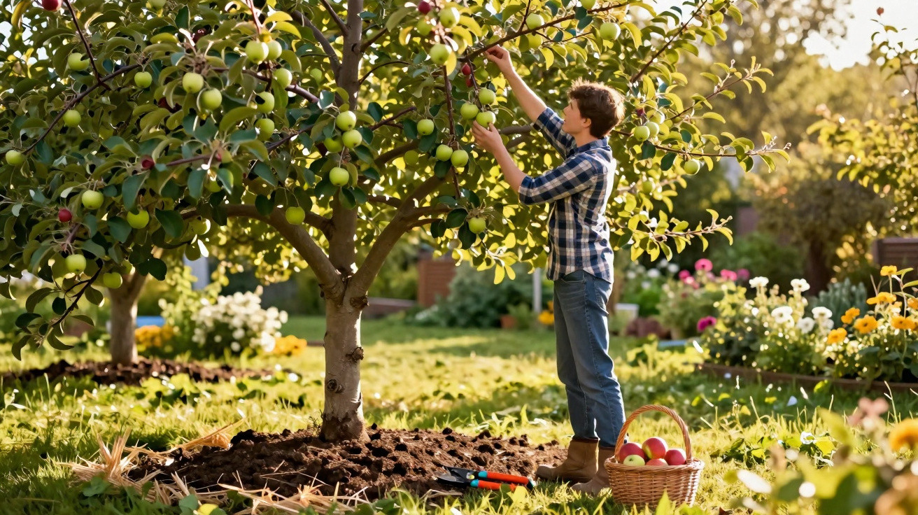 Rapaz a apanhar maçãs num pomar, com cesta com frutas e ferramentas no chão ao lado.
