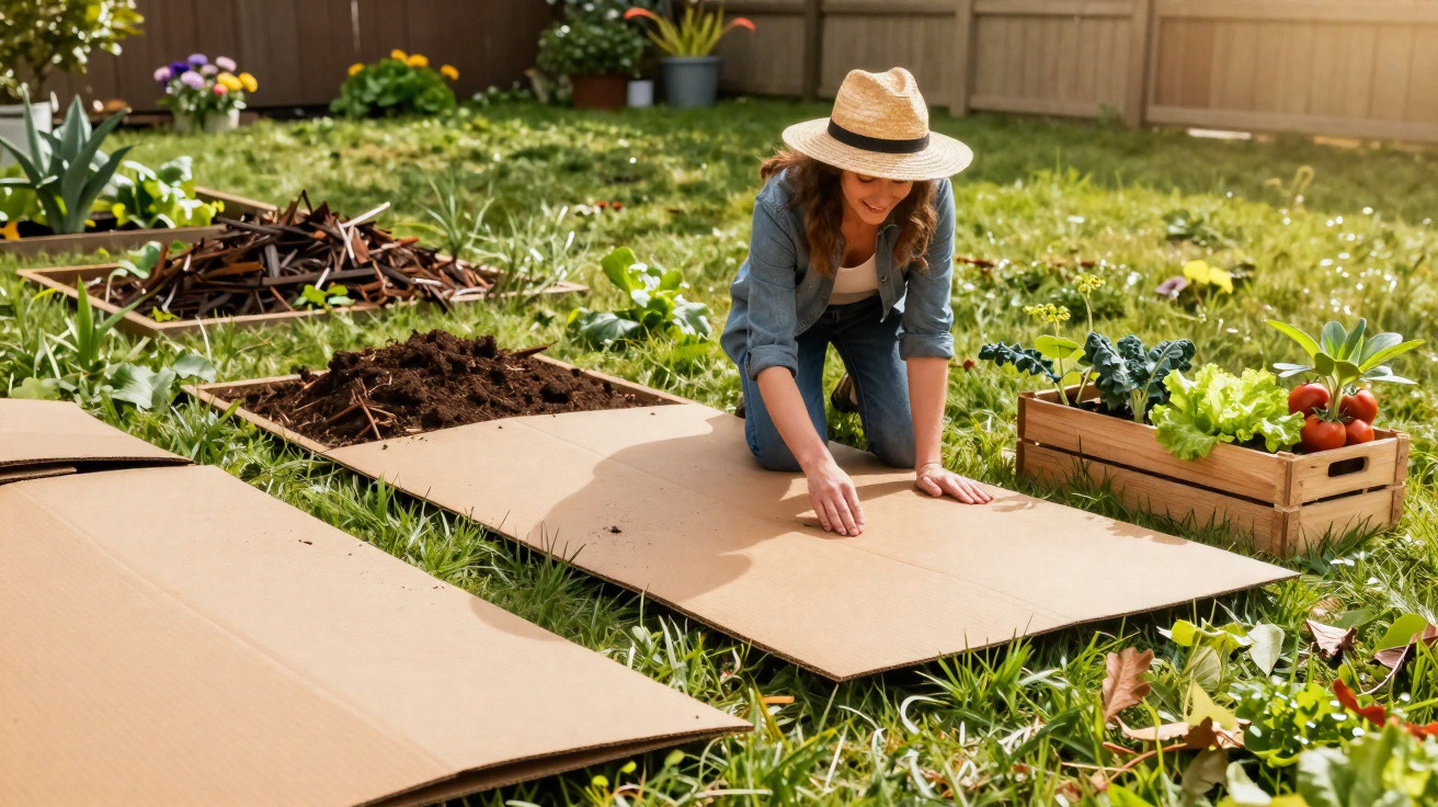 Mulher a preparar canteiros com cartão no jardim para plantação orgânica.