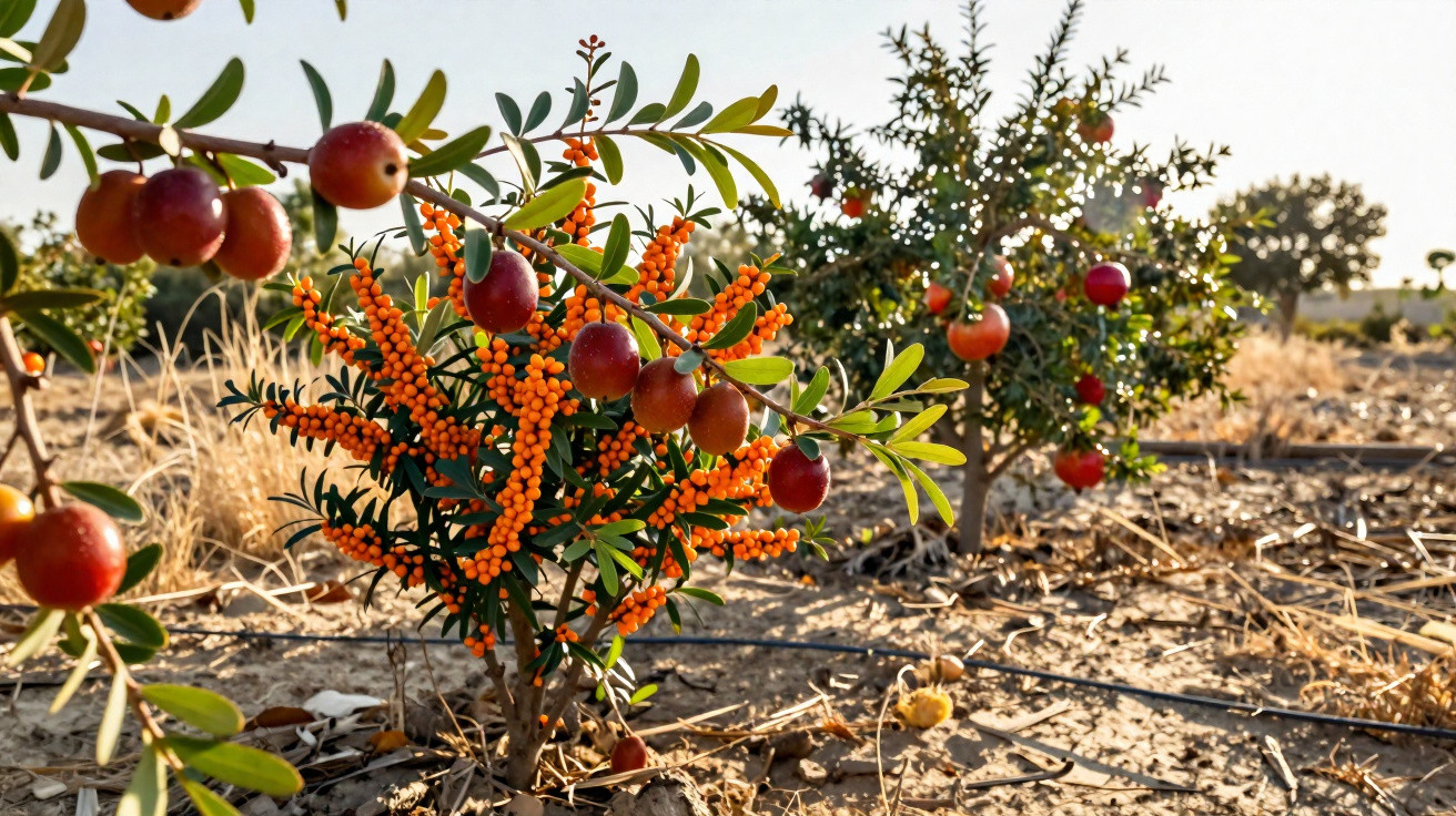 Planta com frutos vermelhos e bagas laranja num campo seco com irrigação por gotejamento ao entardecer.