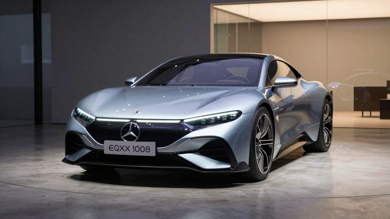 Carro desportivo elétrico Mercedes-Benz EQXX 1008 prata num espaço interior moderno.