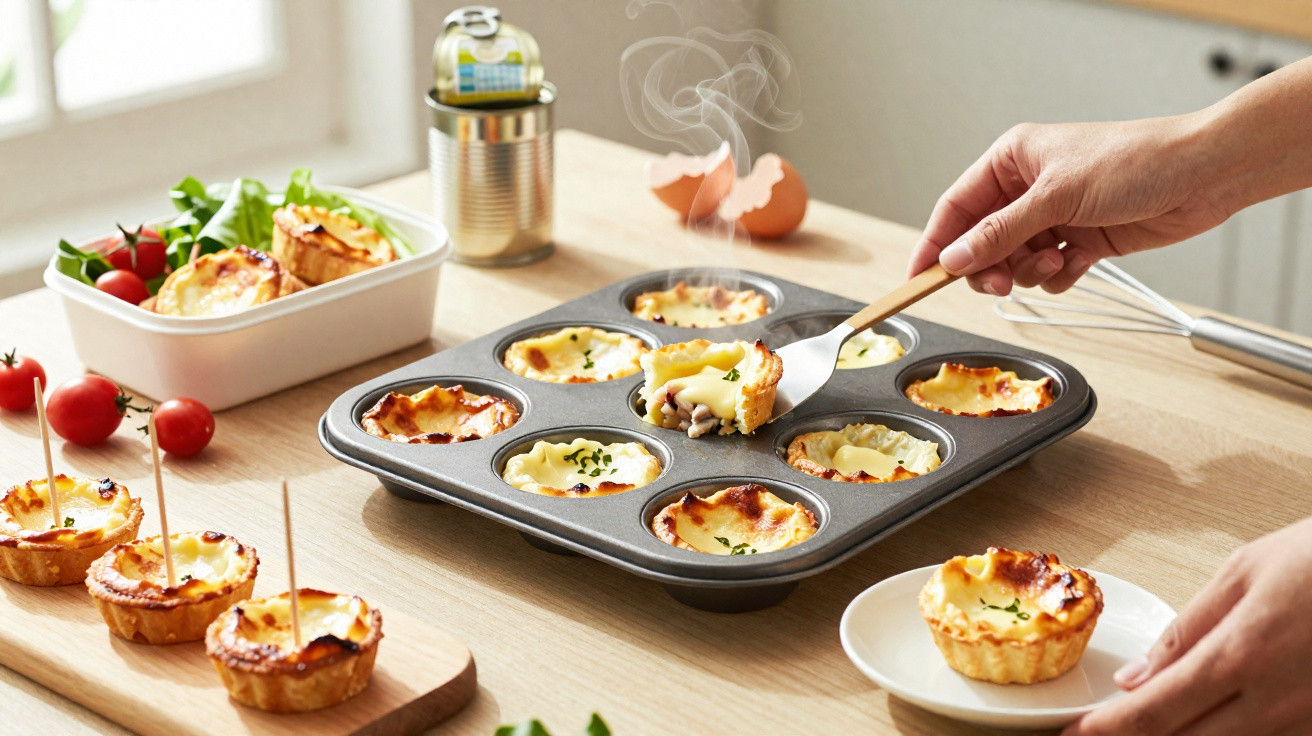 Muffins salgados acabados de fazer numa forma, com um a ser retirado por uma mão com espátula.