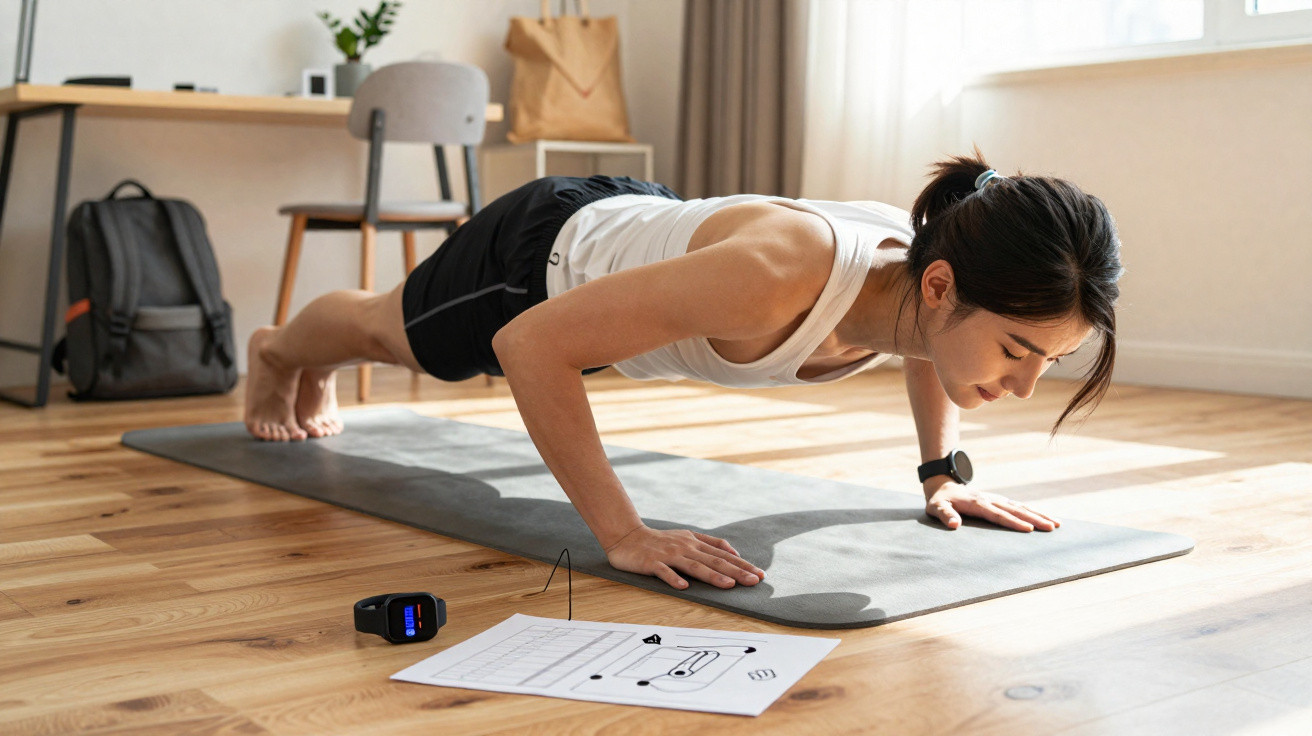 Mulher a fazer flexões no tapete de yoga numa sala iluminada com equipamento de exercício próximo.