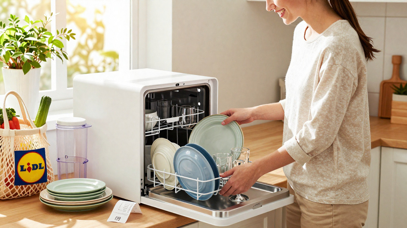 Mulher a colocar pratos e copos numa máquina de lavar loiça pequena numa cozinha luminosa.