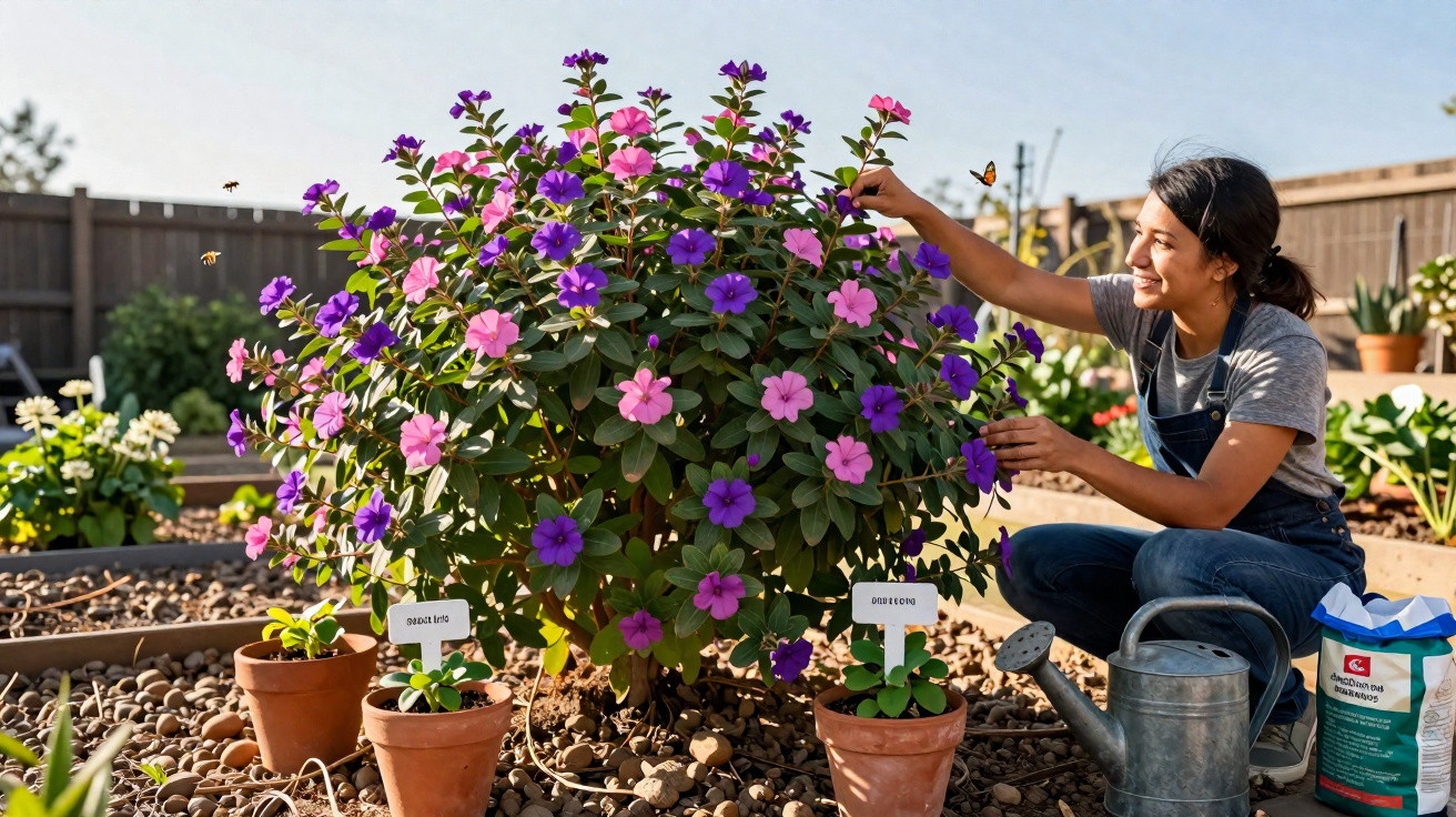 Mulher a cuidar de flores cor-de-rosa e roxas num jardim com plantas em vasos e regador ao lado.