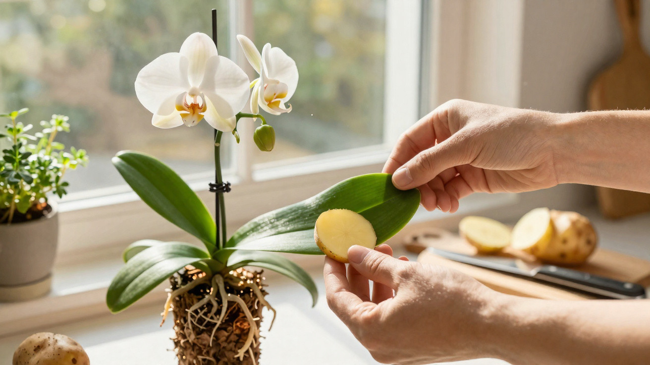 Pessoa a aplicar batata crua numa folha de orquídea branca junto a uma janela com luz natural.