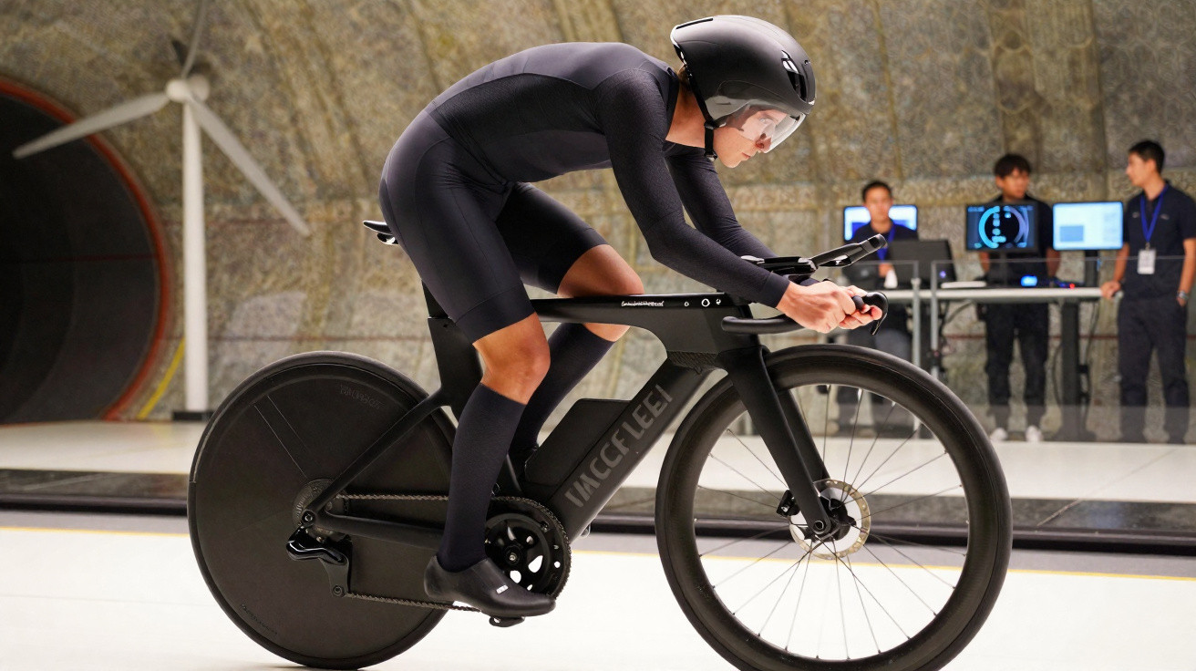 Atleta com fato aerodinâmico e capacete testa bicicleta para competição em laboratório com especialistas ao fundo.