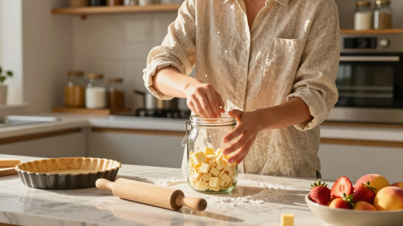 Pessoa numa cozinha a meter cubos de manteiga num frasco, com um rolo da massa e frutas na bancada.