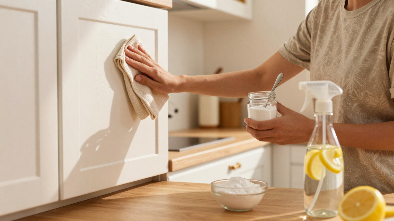 Pessoa a limpar armário de cozinha com pano e bicarbonato de sódio, spray com limão na bancada.