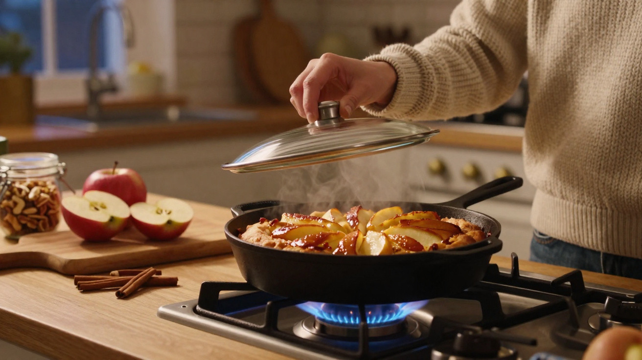 Pessoa a levantar tampa de frigideira com tarte de maçã a cozinhar no fogão a gás numa cozinha.