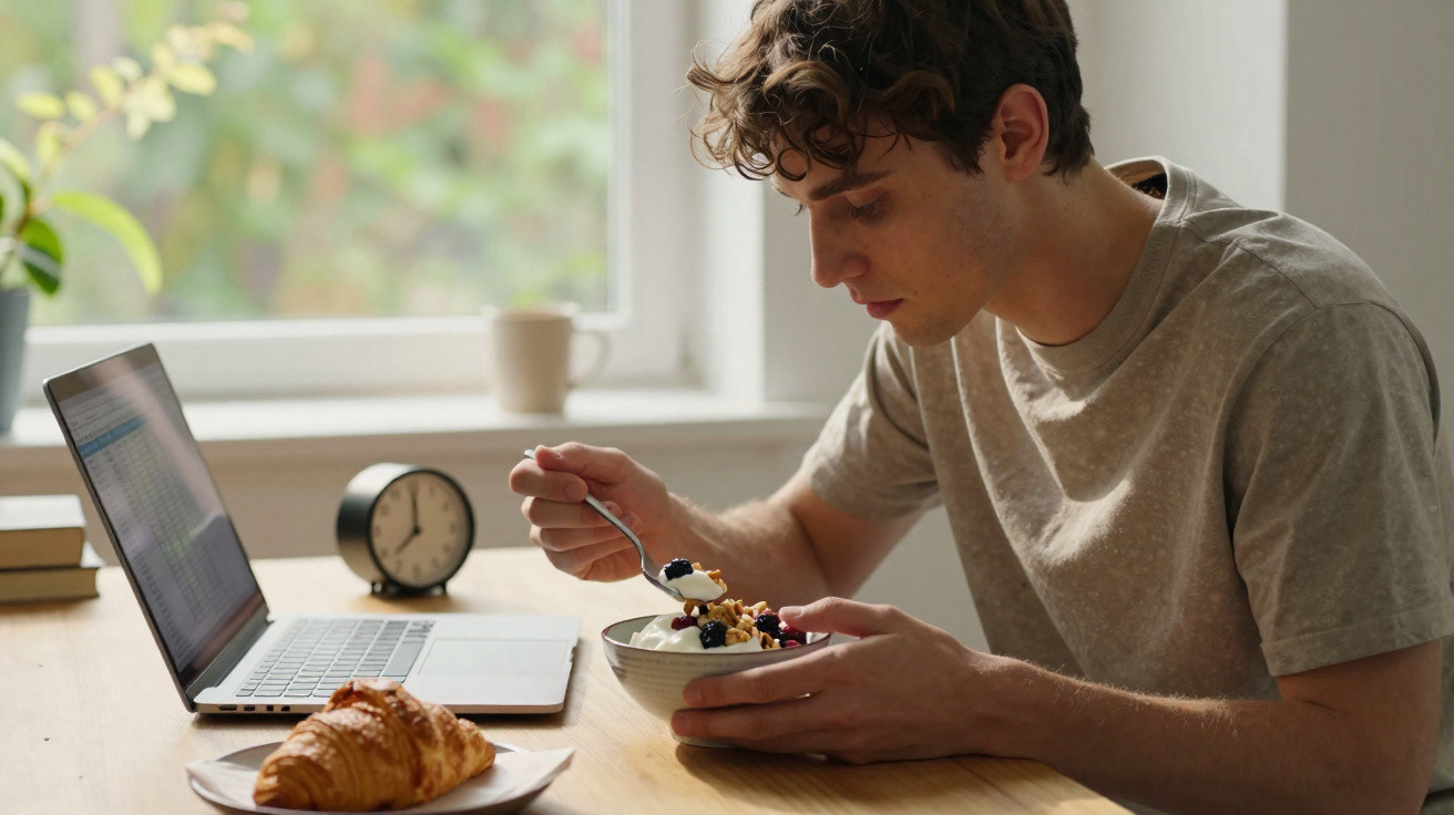 Jovem sentado numa mesa a comer cereais com frutos enquanto trabalha num computador portátil.