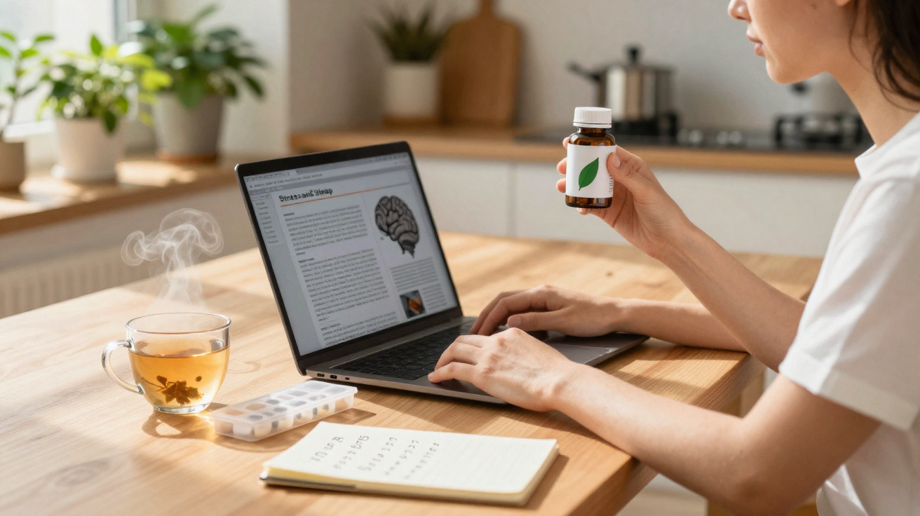 Pessoa a segurar frasco de suplemento natural, a pesquisar informações sobre cérebro num portátil, com chá e bloco de notas n