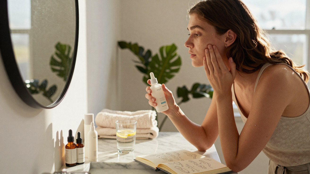 Mulher aplica sérum no rosto em frente a espelho, com produtos de cuidado da pele e caderno numa mesa.