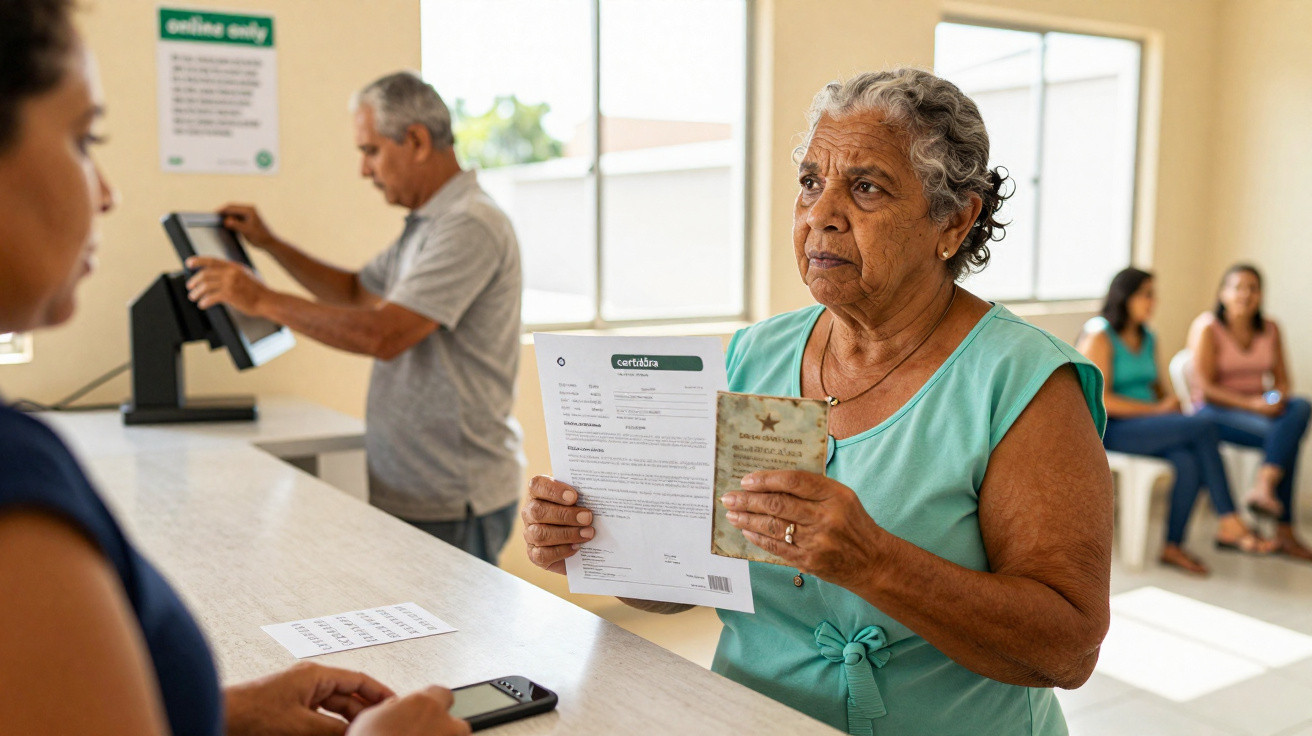 Mulher idosa com documentos na mão a ser atendida em receção de serviço público.