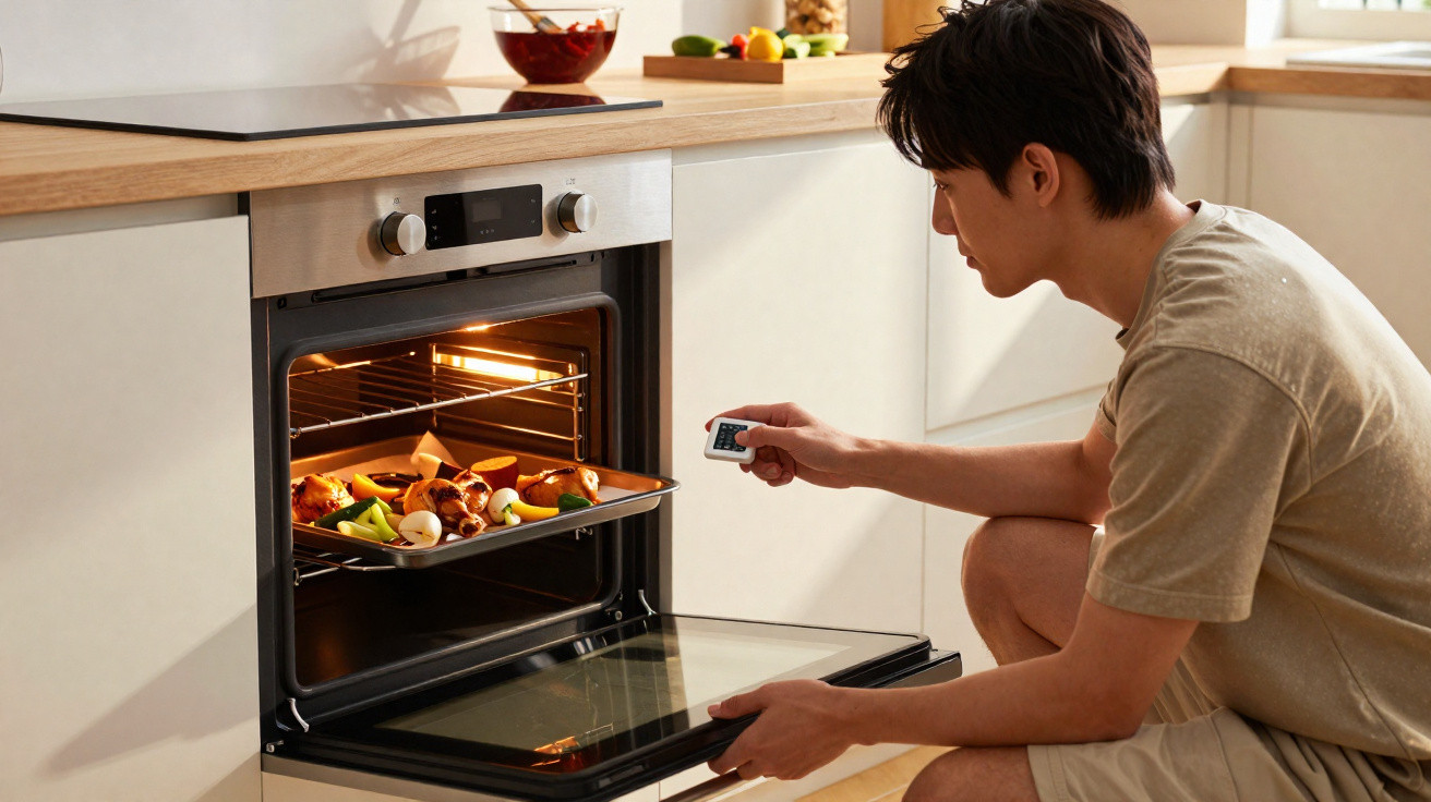 Homem a verificar o forno enquanto cozinha legumes e carne assados numa cozinha moderna.