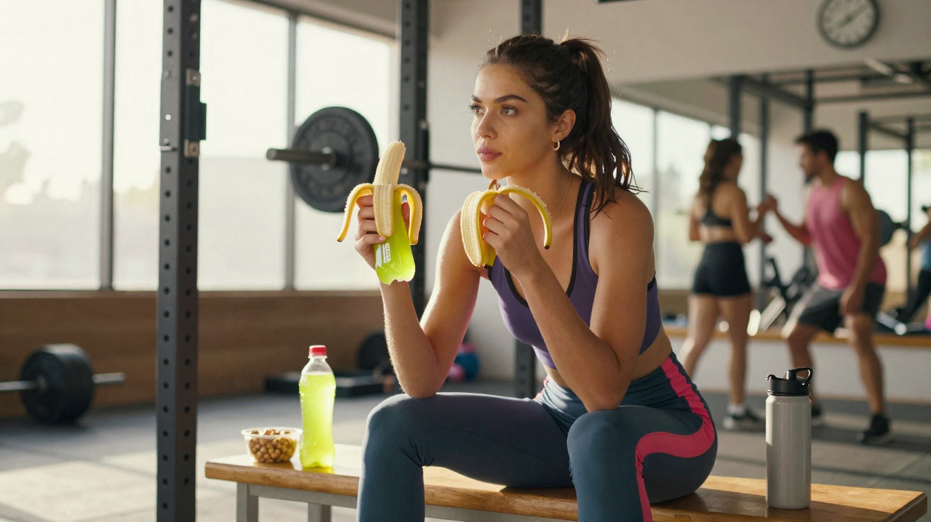 Mulher numa pausa no ginásio a comer duas bananas descascadas, sentada num banco de madeira.
