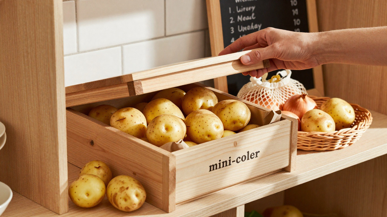 Caixa de madeira marcada "mini-coler" com várias batatas amarelas, mão a levantar a tampa.
