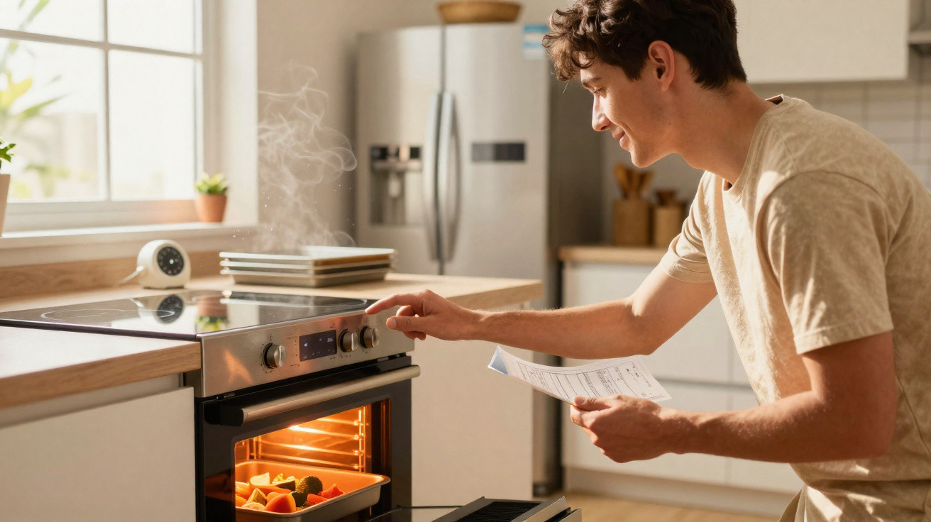 Jovem a retirar legumes assados do forno numa cozinha iluminada e moderna.