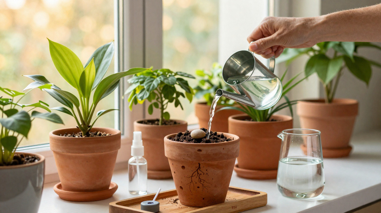 Mão a regar planta em vaso de barro numa janela com várias plantas à volta.