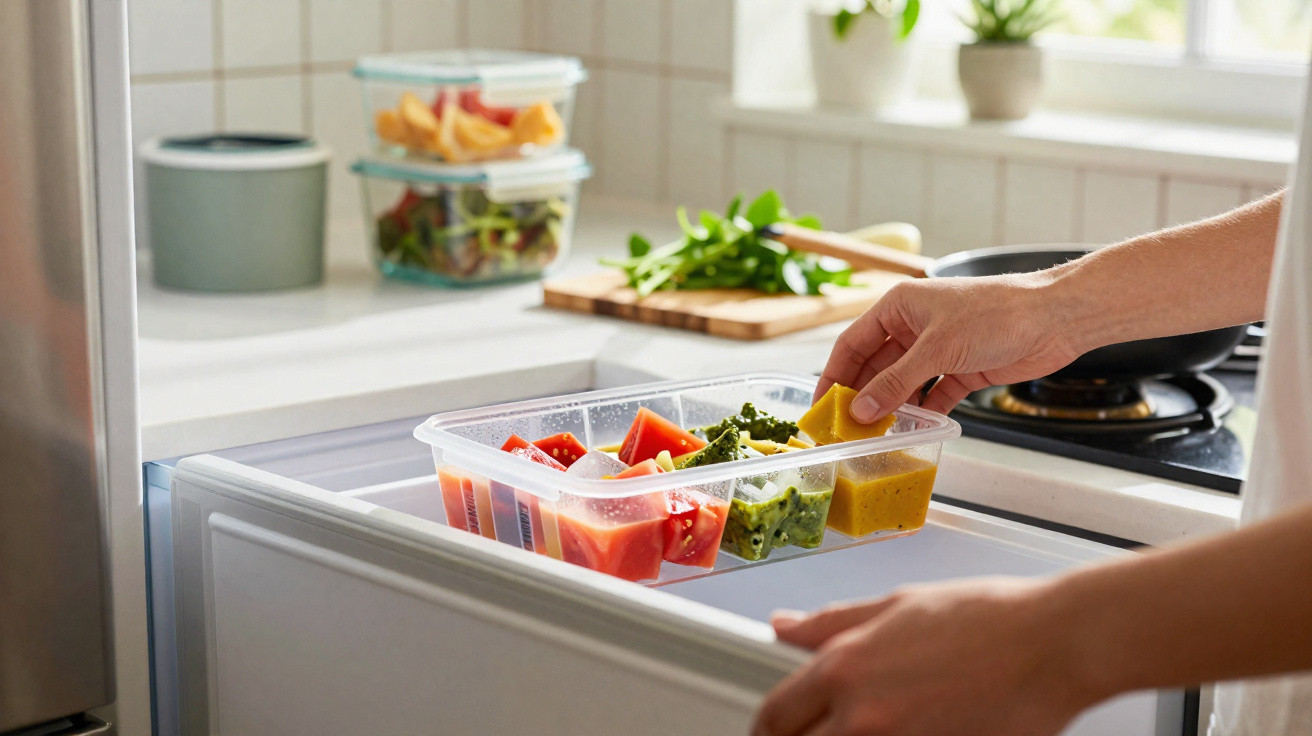 Mãos a colocar recipientes com legumes e molhos coloridos no frigorífico numa cozinha moderna.