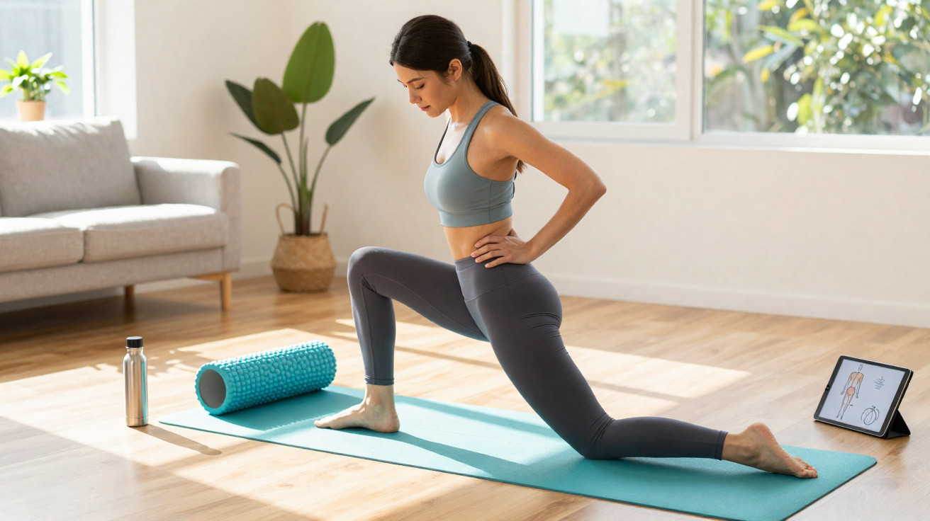 Mulher a fazer alongamento numa sala iluminada, com tapete de yoga, rolo e tablet com treino.