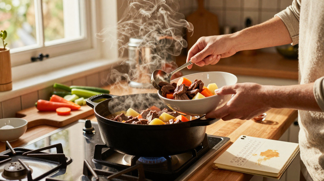 Mãos a servir um ensopado fumegante com carne, batatas e cenouras numa cozinha iluminada pela luz natural.