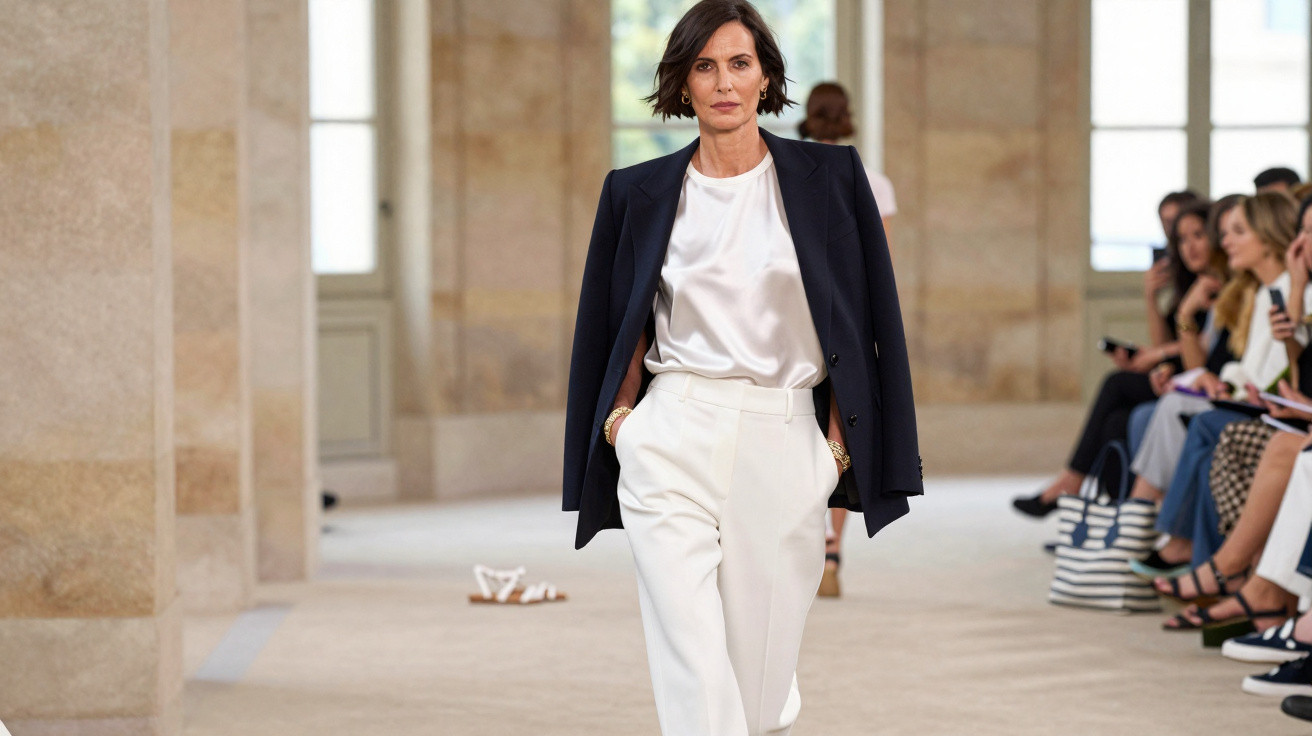 Mulher a desfilar em passadeira, com calças brancas, blusa seda branca e blazer azul escuro sobre os ombros.